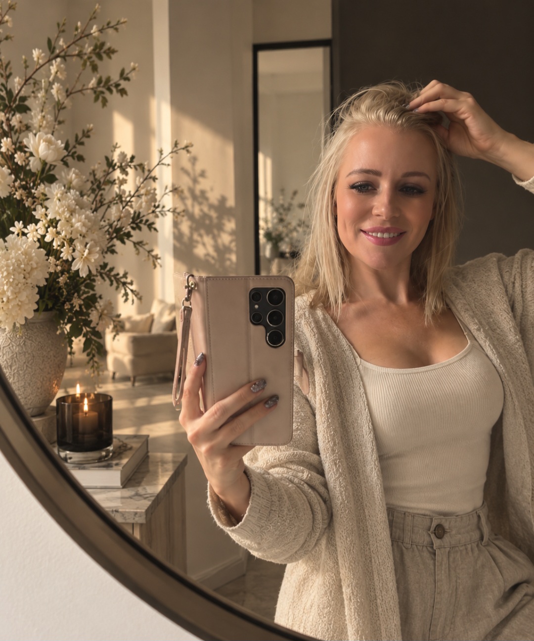 De oprichtster van FLOVA SILK in haar interieur, omringd door zijden bloemen