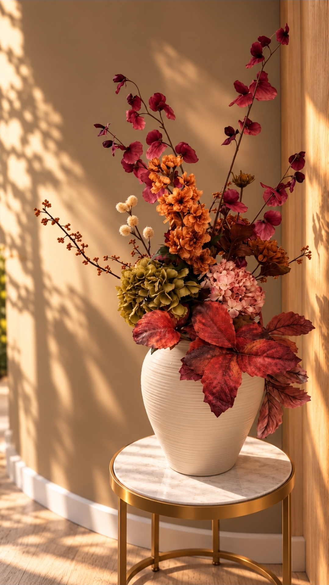 Luxe zijden bloemstuk in herfstkleuren met bordeauxrode bloemen in een crème vaas – Flova Silk