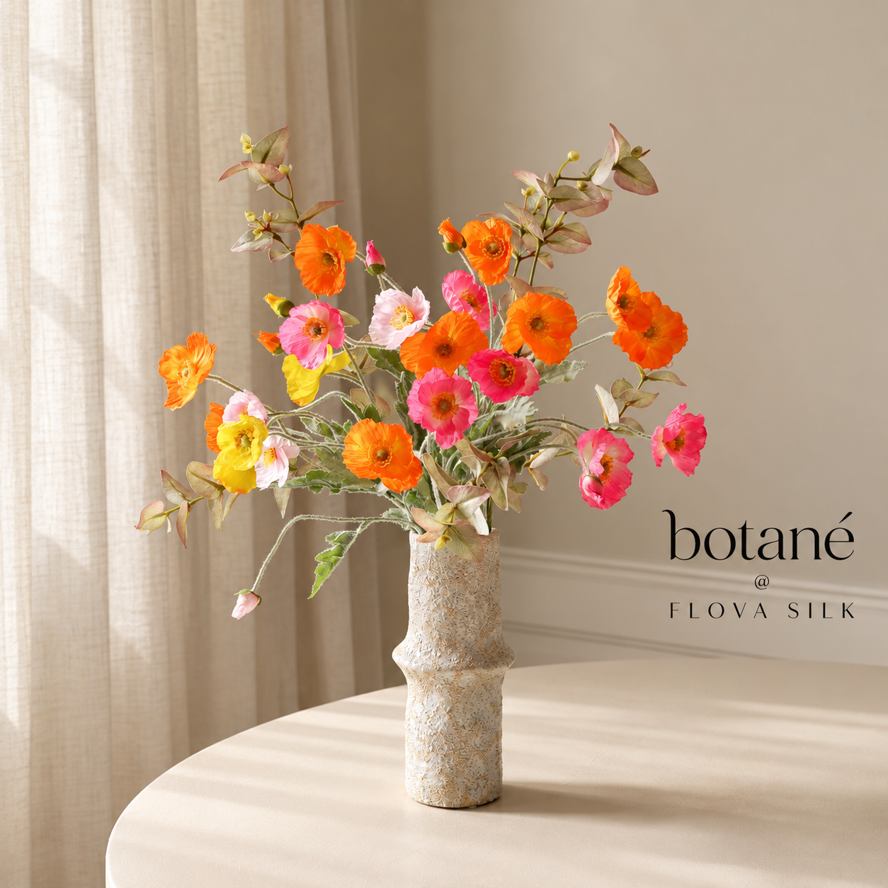 Poppy Spritz luxury artificial flower bouquet by Botané at FLOVA SILK with orange, yellow and pink poppies and natural eucalyptus foliage.