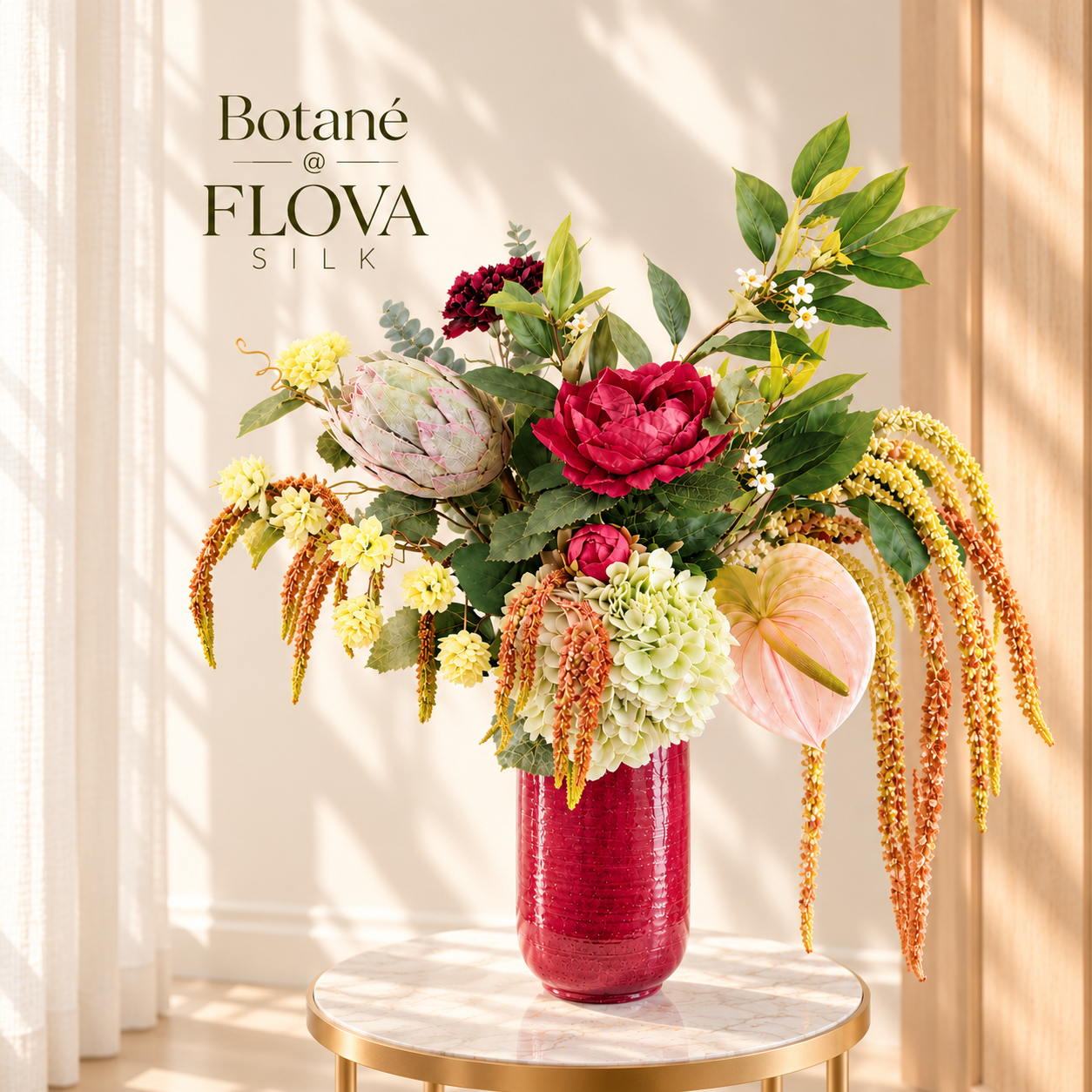 Botanica Burgundy luxury artificial flower arrangement by Botané at FLOVA SILK with burgundy hydrangeas, protea and cascading amaranthus in a red vase.