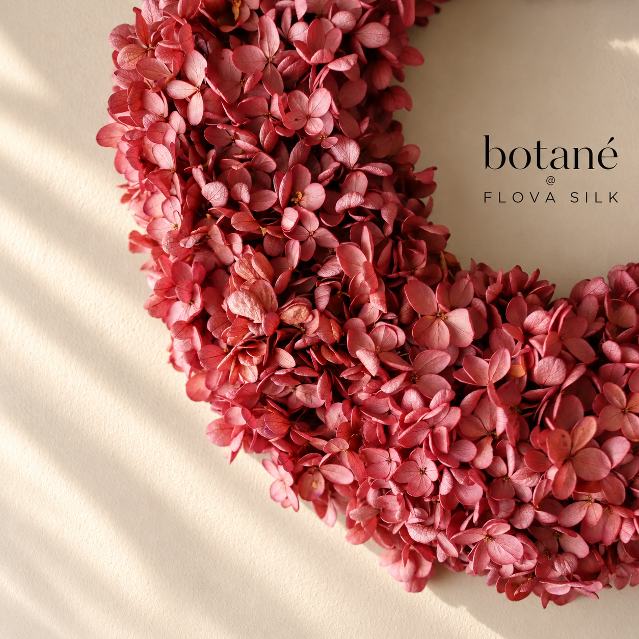 Close-up of Old Rose Hydrangea Wreath by Botané at FLOVA SILK, featuring real preserved hydrangea flowers in dusty pink and rosewood tones.