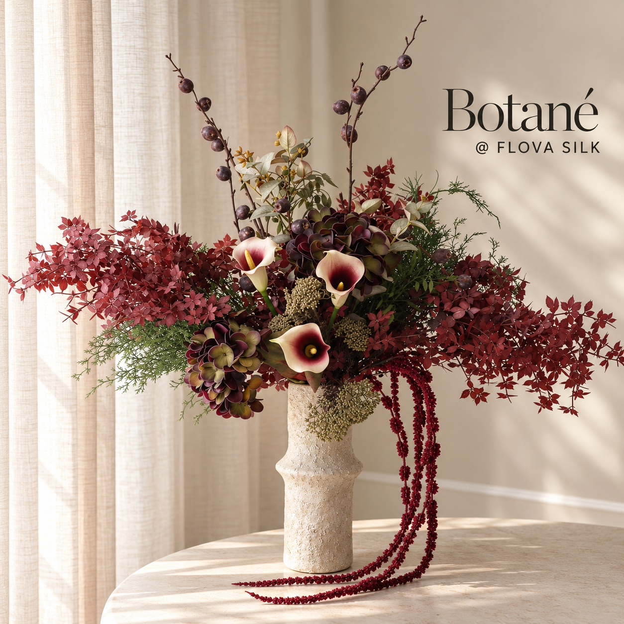 Wild Burgundy luxury artificial flower arrangement by Botané at FLOVA SILK with deep burgundy foliage, purple hydrangeas, calla lilies and cascading amaranthus.