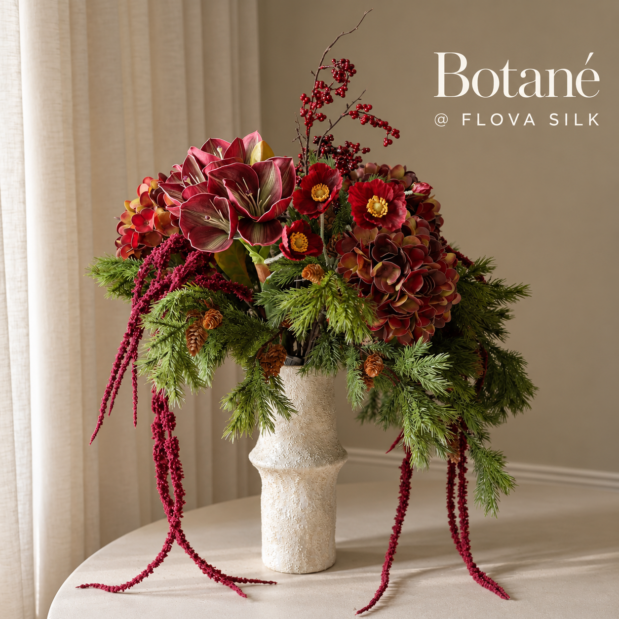 Greenie luxury green and white silk flower arrangement by Botané at FLOVA SILK displayed in a ceramic vase in an elegant modern interior.