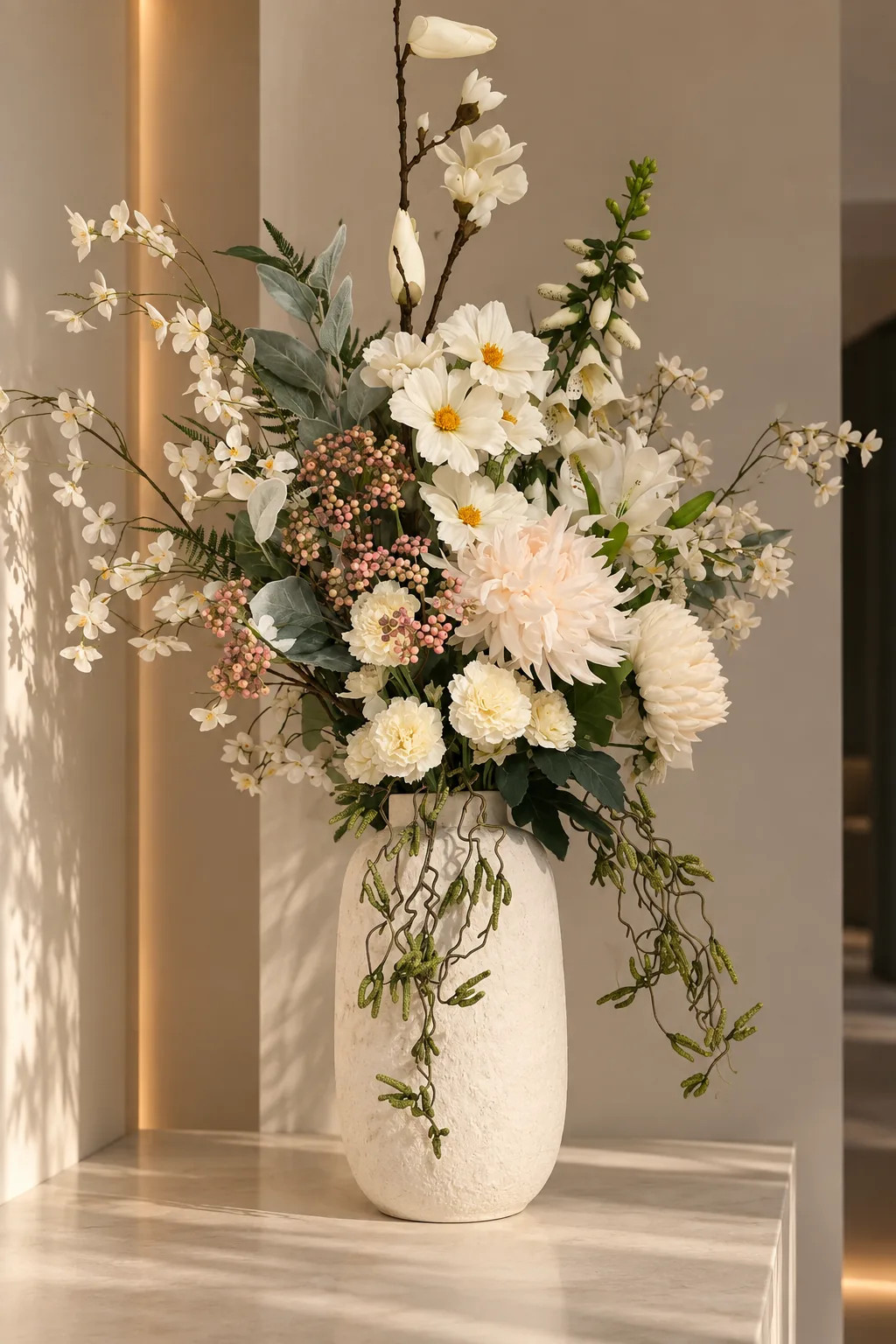 Luxe zijden bloemstuk met witte bloemen en zachte perzikkleurige accenten