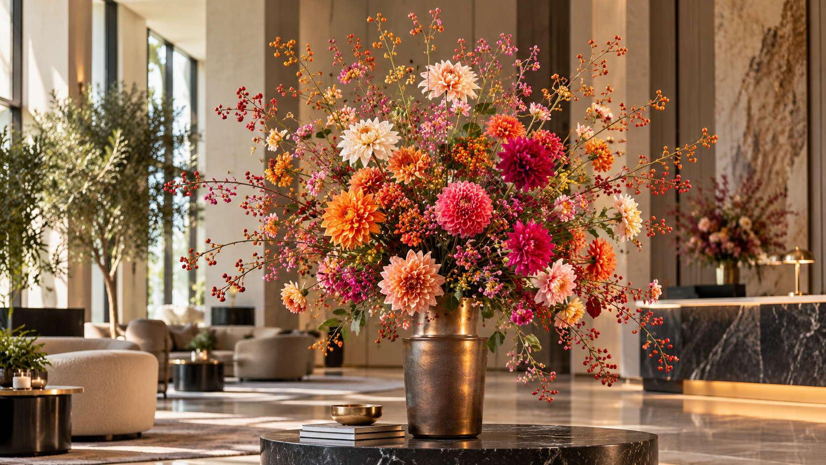 Groot kleurrijk kunstbloemenarrangement met roze, oranje en gele bloemen in een luxe interieur