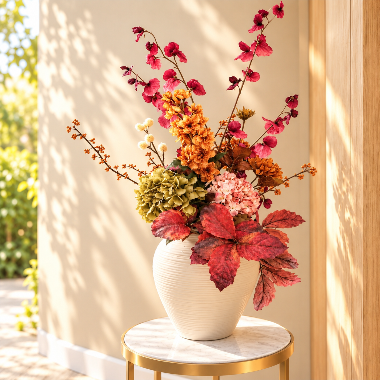 Luxury autumn silk flower arrangement in an elegant cream vase
