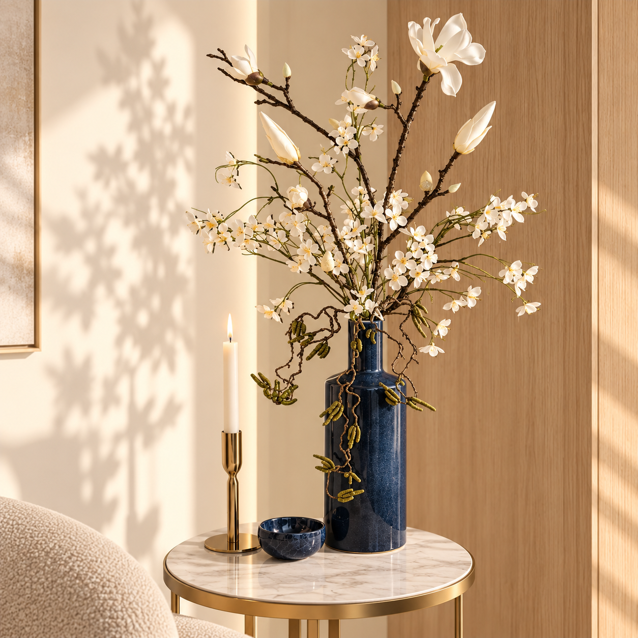 Luxe zijden bloemstuk met witte magnolia's en bloesemtakken in een donkerblauwe designvaas | Luxury silk flower arrangement with white magnolias and blossom branches in a dark blue designer vase