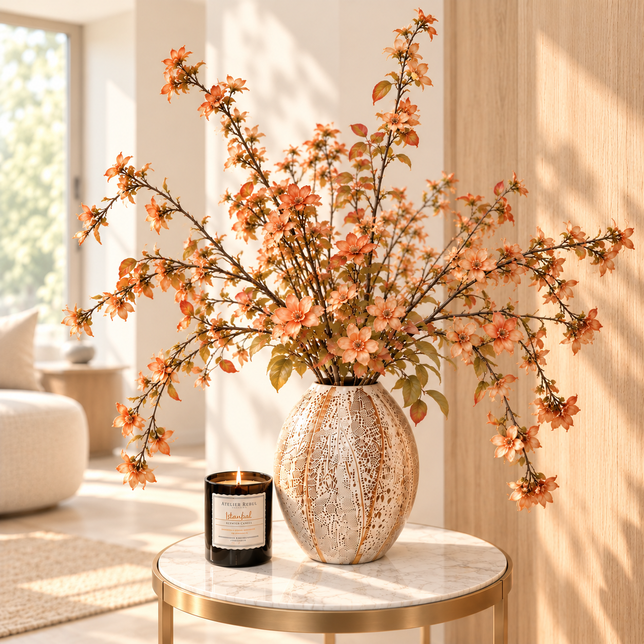 Detail van realistische perzikkleurige zijden bloesems, natuurlijke takken en een beige vaas met verfijnd reliëf | Close-up of realistic peach silk blossoms, natural branches and a textured beige ceramic vase
