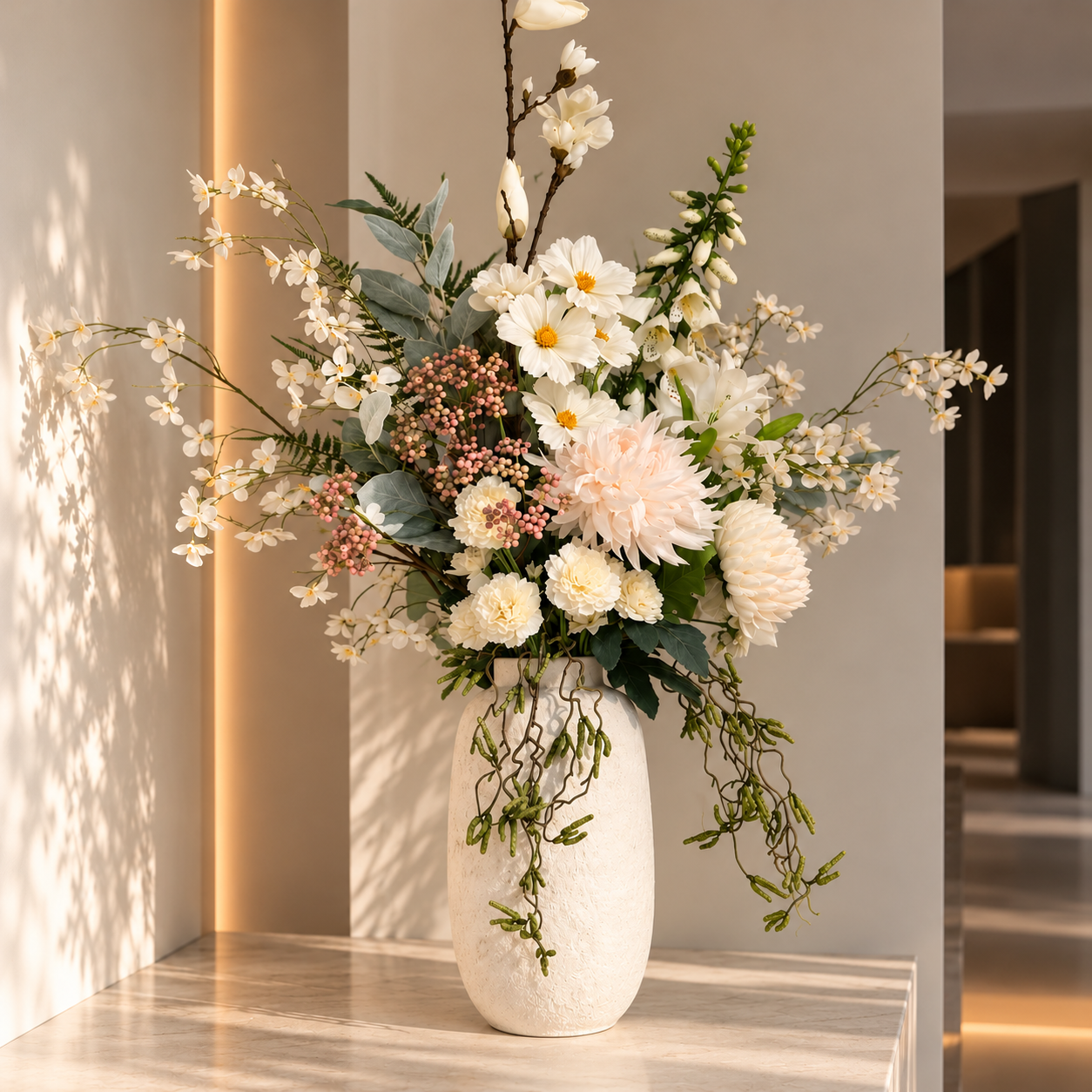 Luxe zijden bloemstuk met witte magnolia's, dahlia's, fijne bloesemtakken en zachtroze accenten in een elegante crème designvaas | Luxury silk flower arrangement with white magnolias, dahlias, delicate blossoms and soft pink accents in an elegant cream designer vase