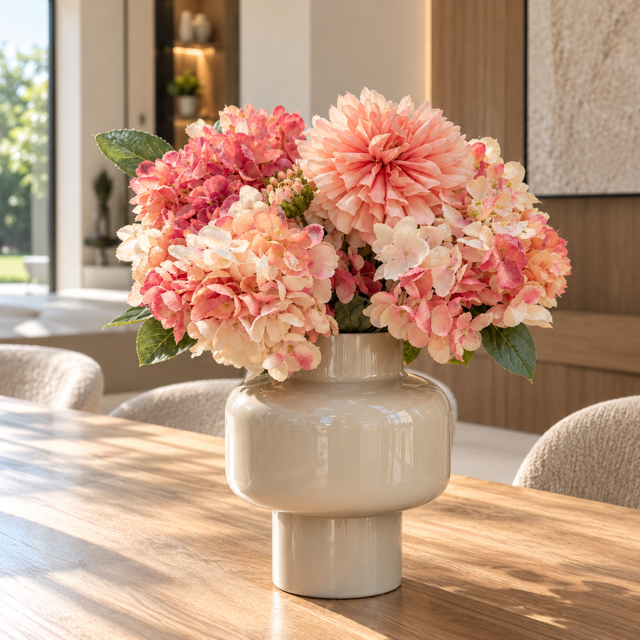 Luxe zijden bloemstuk met perzikkleurige dahlia en roze, koraal- en crèmekleurige hortensia's in een glanzende beige designvaas | Luxury silk flower arrangement with peach dahlia and pink, coral and cream hydrangeas in a glossy beige designer vase