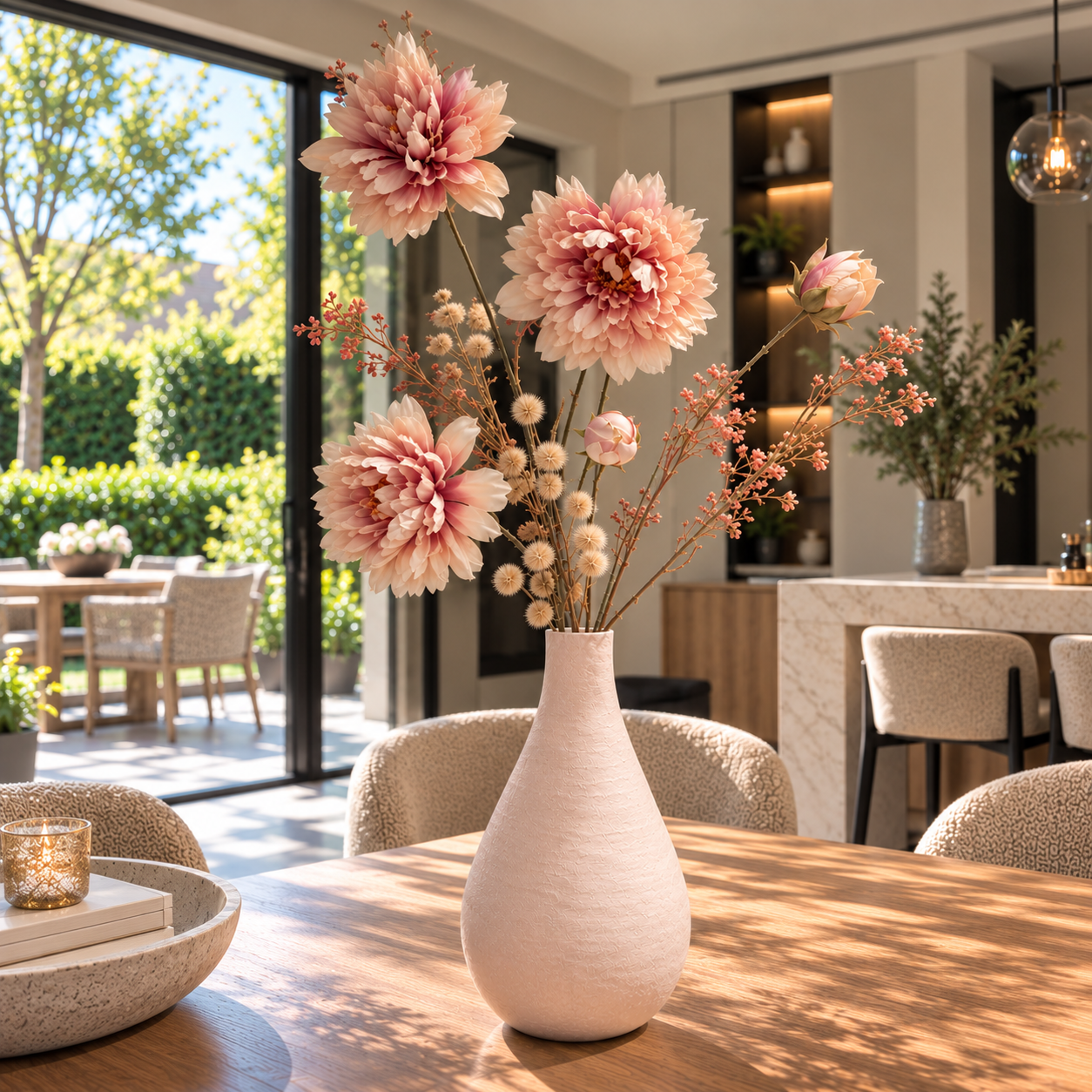 Luxe zijden bloemstuk met zachtroze en perzikkleurige dahlia's, fijne koraalkleurige bloesemtakken en een hoge crèmekleurige designvaas | Luxury silk flower arrangement with soft pink and peach dahlias, delicate coral blossom branches and a tall cream designer vase