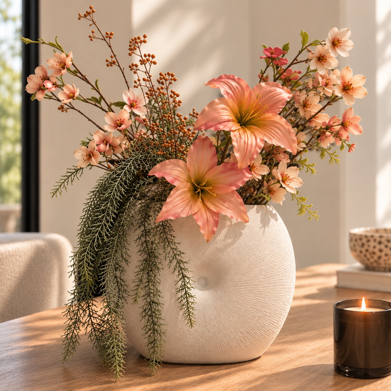 Luxe zijden bloemstuk met zacht perzikkleurige lelies, fijne bloesemtakken, sierbessen en hangend groen in een ronde witte designvaas | Luxury silk flower arrangement with soft peach lilies, delicate blossoms, decorative berries and cascading greenery in a round white designer vase