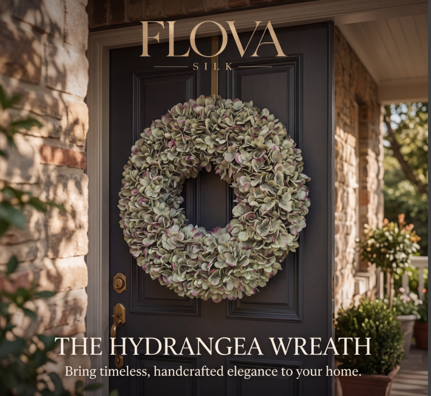 Luxe hortensia krans van 60 cm met premium zijden kunstbloemen als elegante deurdecoratie.
 Luxury 60 cm hydrangea wreath crafted from premium silk flowers displayed as elegant front door décor.