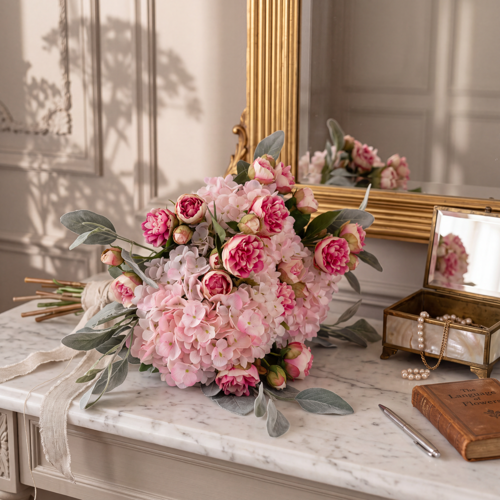 Luxe zijden boeket met hortensia’s en roze bloemen, stijlvol gepresenteerd in een warm en elegant interieur.
Luxury silk bouquet featuring hydrangeas and pink blooms, beautifully styled in a warm and elegant interior.